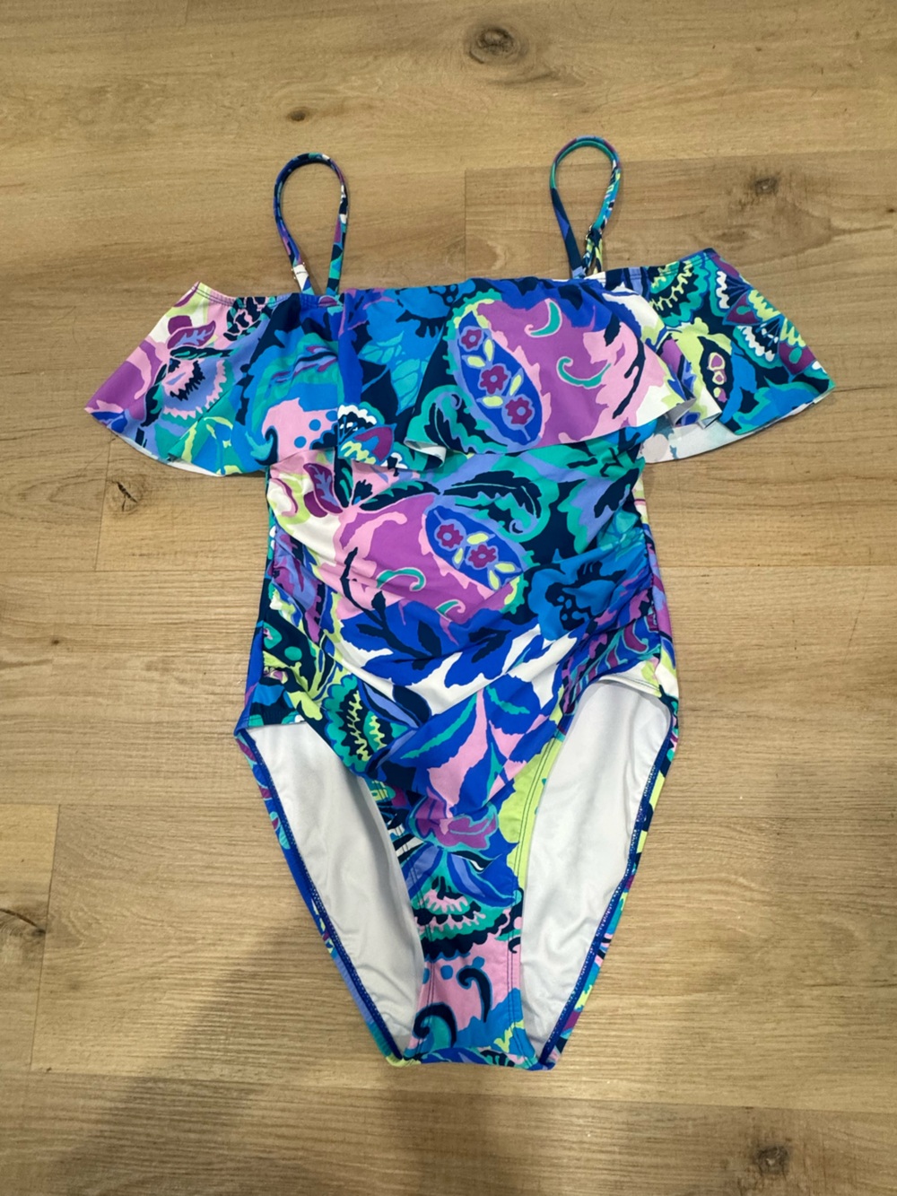 Tahari Blue Floral Off-Shoulder One-Piece Swimsuit